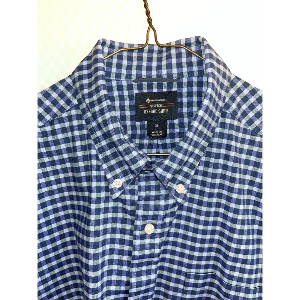 Members Mark Size XL Men's Stretch Oxford Shirt Blue Checkered‎
